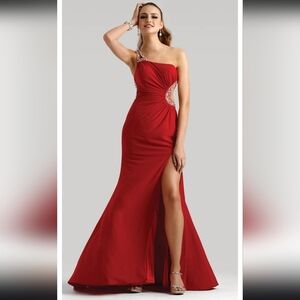 GIGI Red Floor length Backless Studded Open Front Prom Gown 4